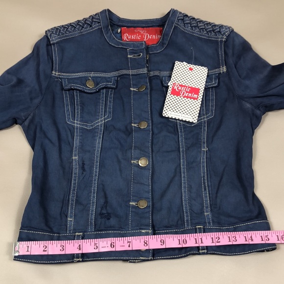 Rustic Denim Distressed Denim Jacket With Woven Leather Shoulder Size M Juniors - Picture 12 of 12